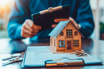Aufkleber - Real estate agent with clipboard and house model on desk with keys and document.