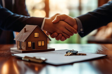 Aufkleber - Real estate deal with handshake, house model, and keys on a contract in the foreground.