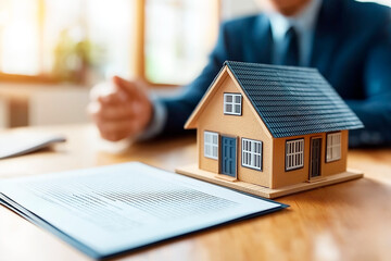 Aufkleber - Miniature house on desk with contract documents in front of a person in a suit, in a well-lit office.