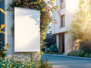 Wall Mural - Blank white canvas mockup on a garden wall with plants and flowers in a modern urban setting.