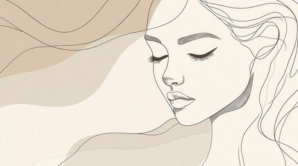 Poster - A graceful silhouette captures a woman's serene expression, showcasing elegant curves and smooth lines in a soft, muted palette. Generative AI