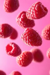 Poster - Vibrant Raspberries Floating Against Pink Background