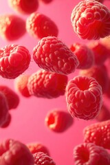 Wall Mural - Raspberries in Mid-Air with Pink Background and Sunlight