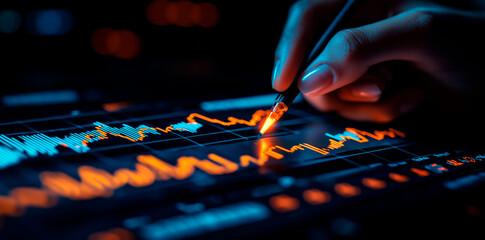 Aufkleber - Hand holding a stylus analyzing stock market data on a digital screen with blue and orange graphs.