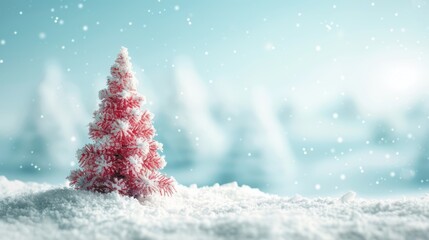 small red Fir tree in the snow with blurred bokeh blue background with copy space Christmas New Year banner