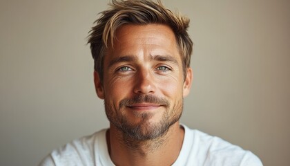 Wall Mural - closeup portrait of r caucasian softly smiling man is 35 years old with blond hair wearing white T-shirt on beige color background, copy space