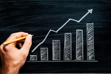 Poster - Hand drawing a rising bar graph with chalk on a blackboard background.