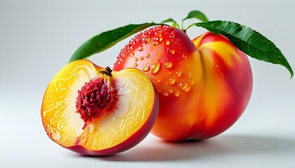 Wall Mural - A delicious peach with tender and juicy flesh, placed on a white background, is brightly colored, showing its seductive natural beauty.