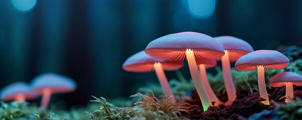 Bio-luminescent fungi in a dark forest setting, nature meets biotechnology, synthetic biology