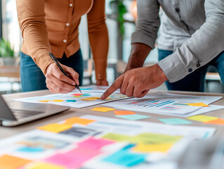 Canvas Print - Team collaborating on project with sticky notes and documents on desk.