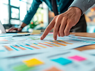 Wall Mural - Close-up of a person's hand pointing to a colorful business chart on a table.