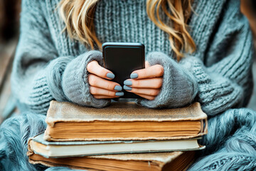 Poster - Closeup of person wearing cozy sweater holding smartphone over stack of books.