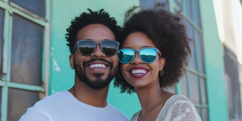 Wall Mural - A man and a woman are smiling and wearing sunglasses