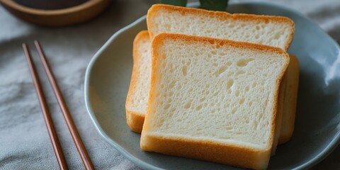 Wall Mural - Three slices of white bread on a plate with chopsticks. Scene is casual and relaxed