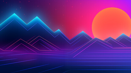 Canvas Print - Neon Mountains and Glowing Sunset Digital Art in Retro Synthwave Style