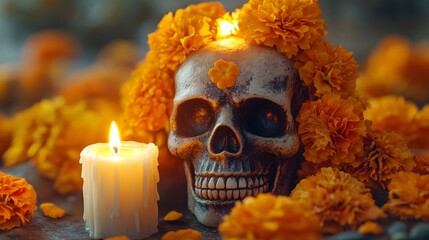 Wall Mural - Skull with Candle and Flowers
A cute skull with a lit candle on its head, surrounded by traditional marigold flowers and glowing soft light, creating a warm and peaceful feel.