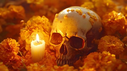 Wall Mural - Skull with Candle and Flowers
A cute skull with a lit candle on its head, surrounded by traditional marigold flowers and glowing soft light, creating a warm and peaceful feel.