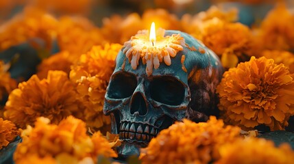 Wall Mural - Skull with Candle and Flowers
A cute skull with a lit candle on its head, surrounded by traditional marigold flowers and glowing soft light, creating a warm and peaceful feel.