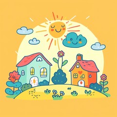 house garden and colorful bright themed graphics illustration