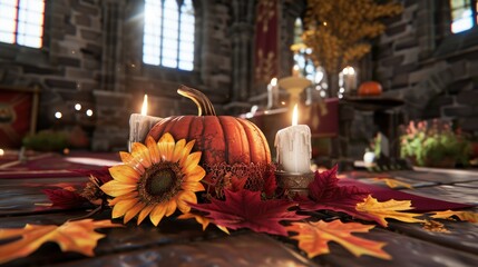 Wall Mural - A beautifully decorated pumpkin surrounded by autumn leaves