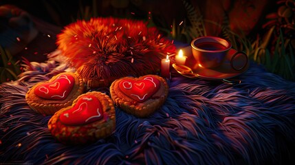 Canvas Print - A cozy, Valentine's Day-themed scene with heart-shaped cookies and coffee i