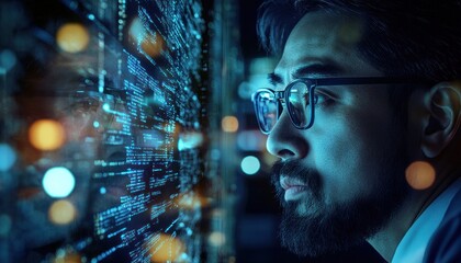 Poster - A Man Gazing at a Screen Filled with Code and Blurred Lights