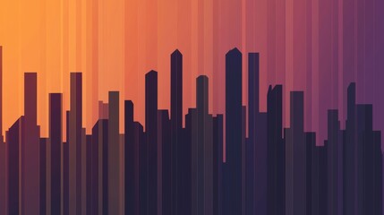 Abstract cityscape is forming from vertical lines, creating a dynamic and modern representation of urban life against a vibrant sunset