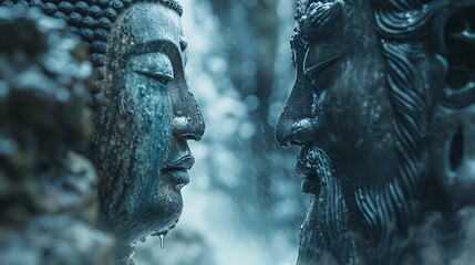 Wall Mural - there are two statues of buddhas standing in the snow