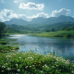 Wall Mural - there is a lake with a mountain in the background