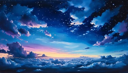 Canvas Print - In the deep night sky, stars twinkle, and the clouds in the distance show a wonderful gradient of blue and purple, like a dreamy oil painting.