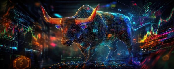 Aufkleber - A vibrant digital bull symbolizing market growth, surrounded by colorful financial graphs and data, illustrating economic optimism.