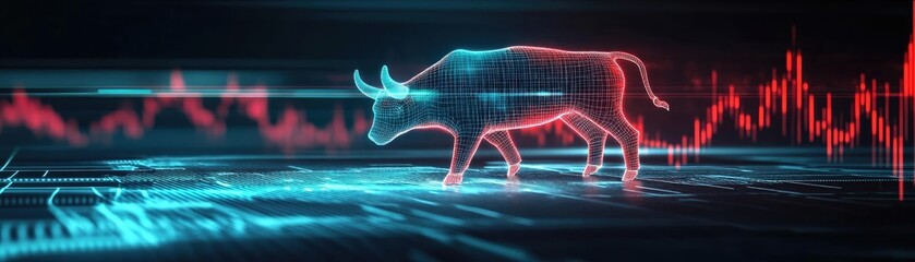 Poster - A futuristic bull silhouette amidst dynamic graphs, symbolizing growth and market trends in a digital landscape.