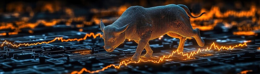 Aufkleber - A powerful bull walking through an abstract financial landscape, symbolizing strength and growth in the stock market.