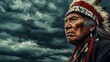 © aimodels24 - Portrait of a Native American Chief in Ceremonial Headdress Against a Dramatic Stormy Sky, Symbolizing Strength and Heritage
