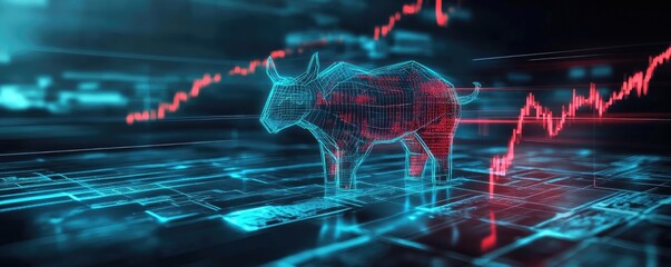 Aufkleber - A digital bull symbolizing stock market growth on a futuristic interface with rising graphs in red and blue tones.