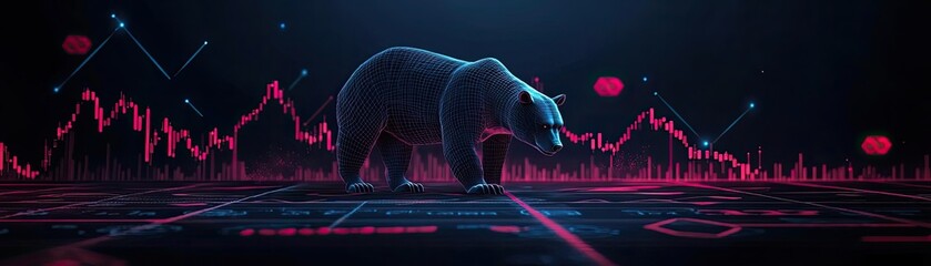 Aufkleber - A digital bear symbolizes market decline, surrounded by vibrant stock graphs and data points, capturing financial volatility.