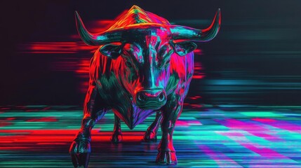 Poster - A vibrant, digital art representation of a bull, showcasing bold colors and dynamic movement.