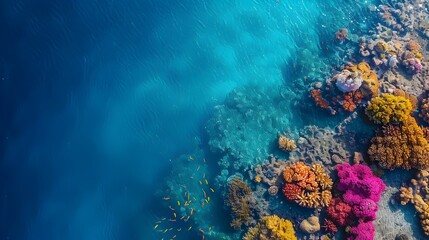 Wall Mural - drone shot of vibrant coral reef with crystal clear waters and diverse marine life highlighting unde