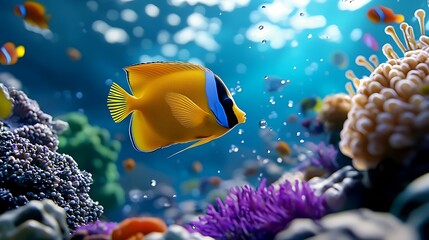 Bright butterflyfish swim among coral reefs, surrounded by bubbles of light.