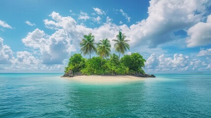 A serene tropical island with palm trees surrounded by clear blue water and a bright sky filled with fluffy clouds.