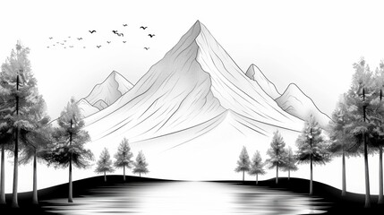 Wall Mural - A serene mountain landscape, depicted in black and white with crisp lines and clean outlines, perfect for coloring book enthusiasts seeking a relaxing and easy experience.