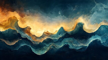 Wall Mural - Abstract Painting of Wavy, Swirling Lines in Gold and Blue