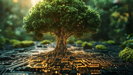 Poster - Tree growing from a digital circuit board, futuristic concept