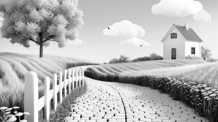 Wall Mural - An inviting rural scene captured in black and white for a coloring book, with simple, easy-to-color lines and clean outlines that enhance the enjoyment of coloring.