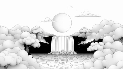 Wall Mural - A detailed black and white illustration of a stunning waterfall and river landscape, with crisp lines and clean outlines tailored for a stress-free coloring book session.