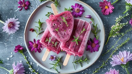 A creative shot of popsicles arranged in the shape of a heart on a white plate, with fresh flowers and herbs placed around them. The artistic presentation emphasizes the love and beauty of summer