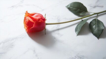 Poster - A single vibrant rose rests on pristine white marble, showcasing its elegant petals and green leaves against a soft backdrop. Generative AI