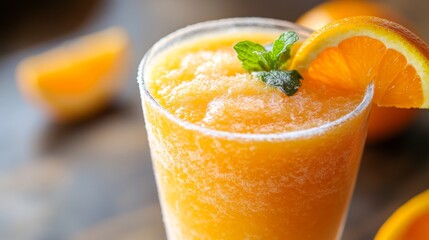 Fototapete - Detailed shot of a frosty glass of orange smoothie with a vibrant orange color, garnished with a mint leaf and a slice of orange on the rim.