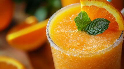 Fototapete - Detailed shot of a frosty glass of orange smoothie with a vibrant orange color, garnished with a mint leaf and a slice of orange on the rim.