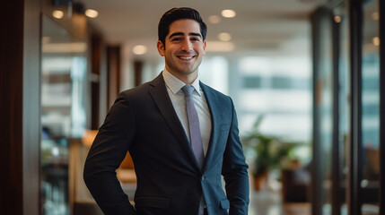 Canvas Print - Confident young businessman smiling in modern office hallway, exuding success and professionalism. Dressed sharply, showcasing leadership in corporate setting